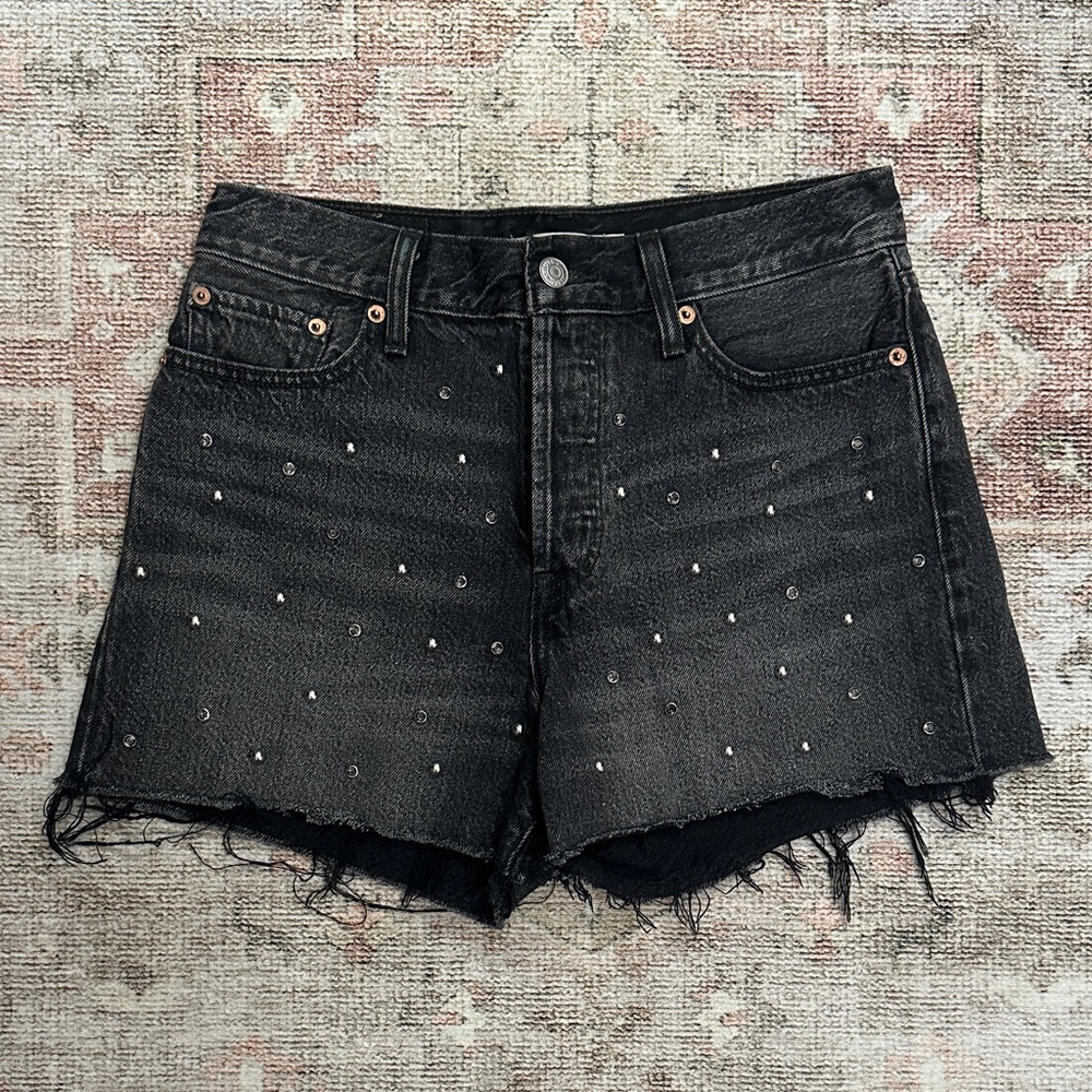 Woman’s Black Studded & Rhinestone High Waist Denim Levi’s Wedgie Shorts
